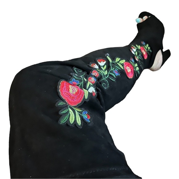 Liliana Thigh High Floral Embroidered Faux Suede 4.5” Heel Open Toe Heel Boots 8 - Picture 3 of 9